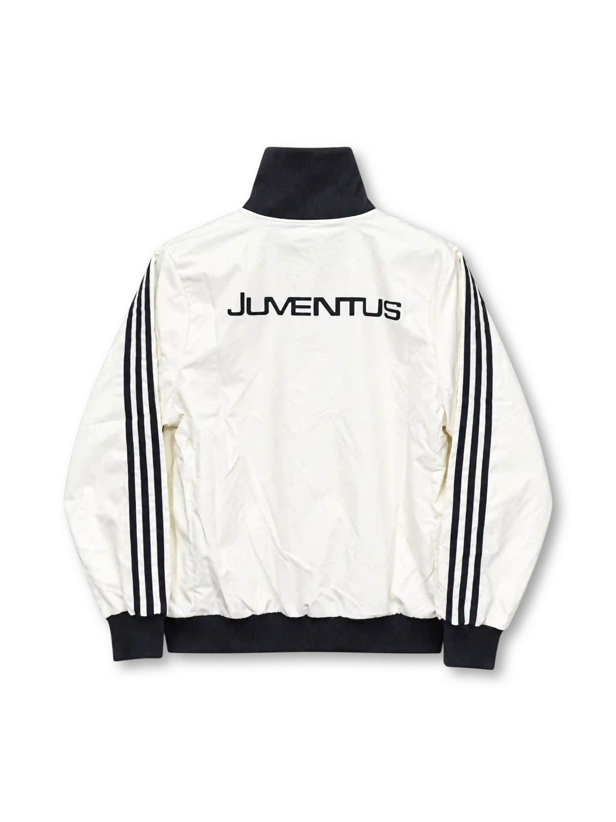Front view of an off-white adidas Originals Juventus 2024-25 track jacket featuring a black stand-up collar, three black shoulder stripes, a black Trefoil logo, a monochrome vintage zebra crest, full-length front zipper, and dark ribbed cuffs and hem.
