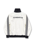 Front view of an off-white adidas Originals Juventus 2024-25 track jacket featuring a black stand-up collar, three black shoulder stripes, a black Trefoil logo, a monochrome vintage zebra crest, full-length front zipper, and dark ribbed cuffs and hem.