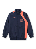 Front view of the FC Barcelona 2025-26 Nike Third T90 track jacket in navy blue with coral-orange curved panels, matching Nike Swoosh and Barcelona crest, Total 90 sleeve emblem, full-length front zipper, raised collar, side pockets, and elasticated cuffs and hem.