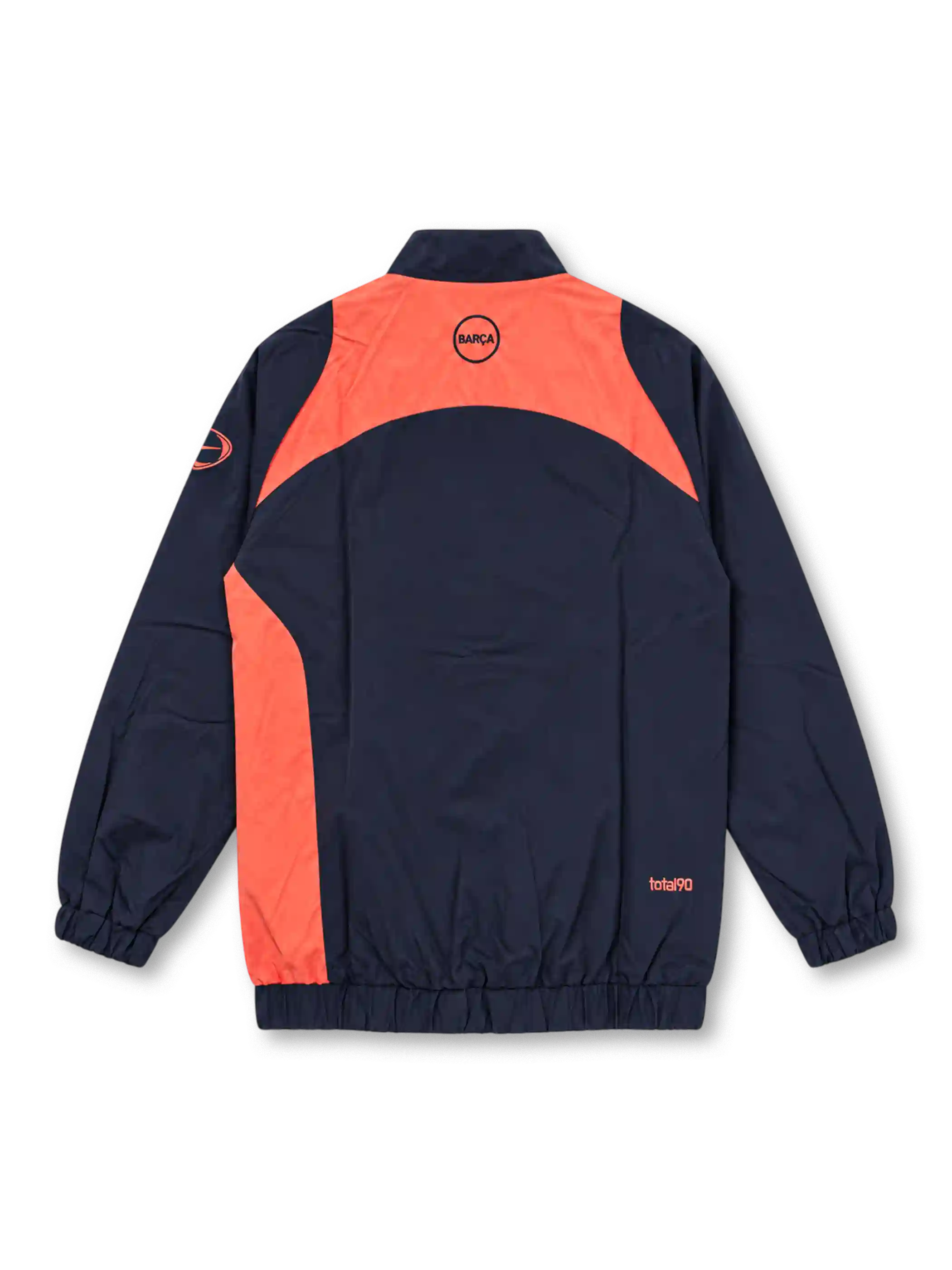 Front view of the FC Barcelona 2025-26 Nike Third T90 track jacket in navy blue with coral-orange curved panels, matching Nike Swoosh and Barcelona crest, Total 90 sleeve emblem, full-length front zipper, raised collar, side pockets, and elasticated cuffs and hem.