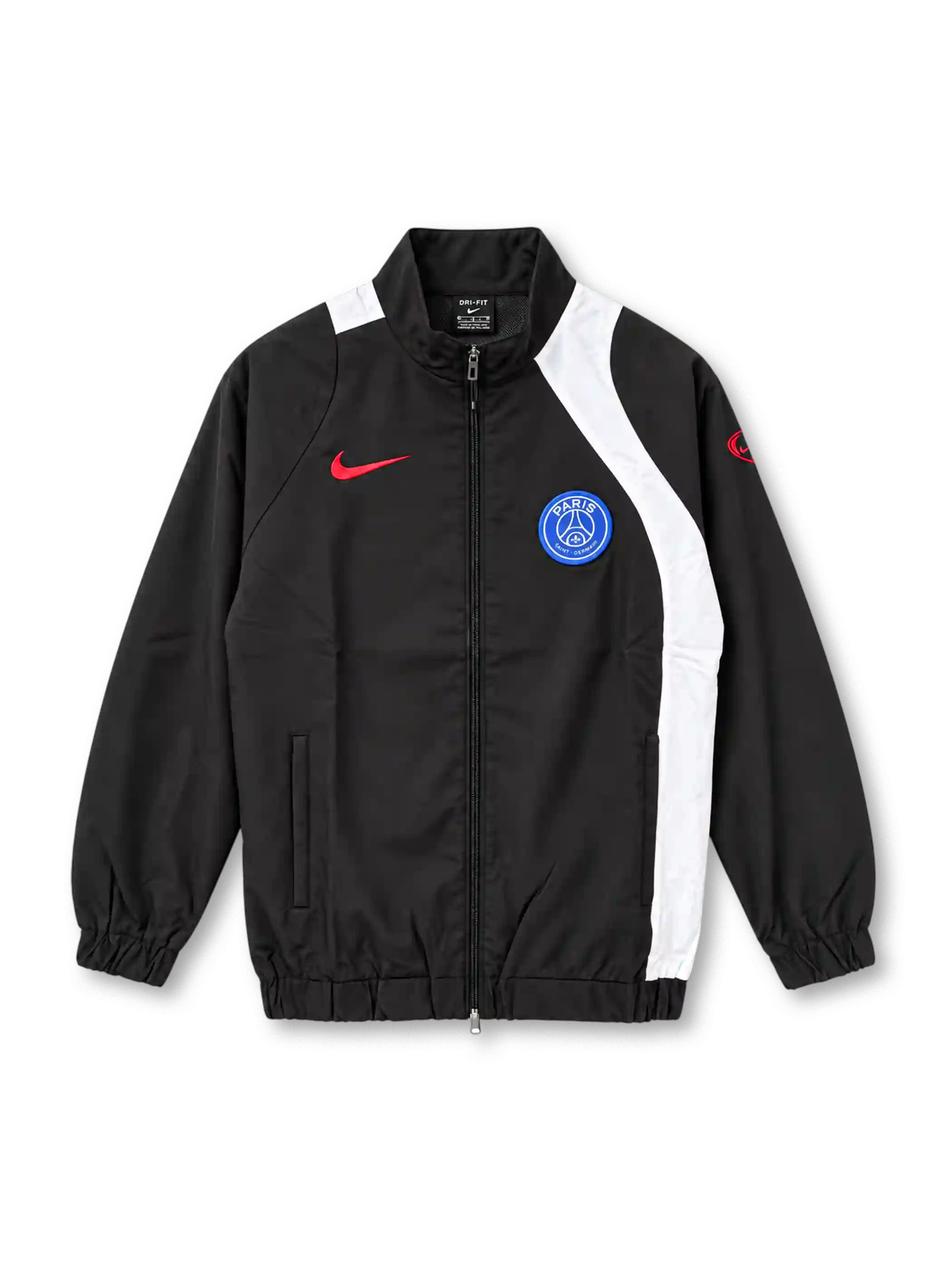 Front view of the Paris Saint-Germain 2025-26 Nike T90 Repel Track Jacket in black with an asymmetric white shoulder and side panel, red Nike Swoosh, blue PSG crest, Total 90 sleeve emblem, raised collar, full-length zipper, and elasticated cuffs and hem.