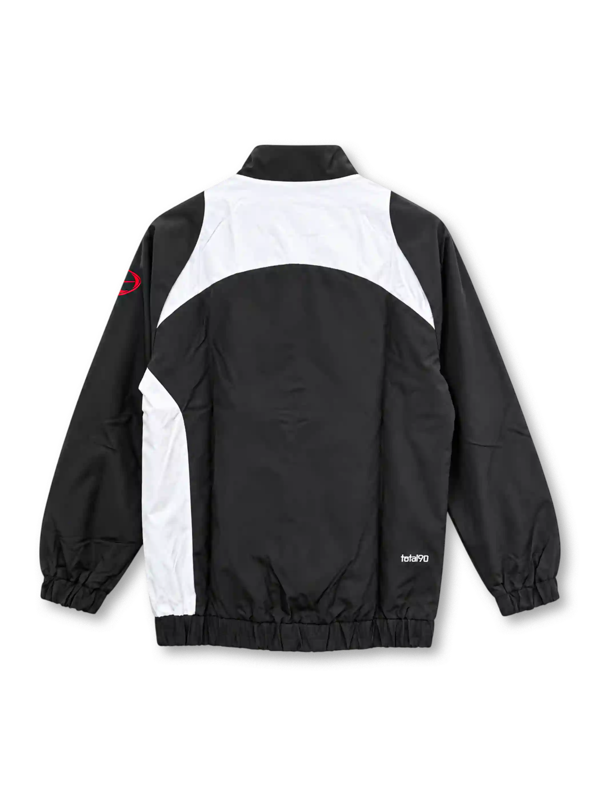 Front view of the Paris Saint-Germain 2025-26 Nike T90 Repel Track Jacket in black with an asymmetric white shoulder and side panel, red Nike Swoosh, blue PSG crest, Total 90 sleeve emblem, raised collar, full-length zipper, and elasticated cuffs and hem.