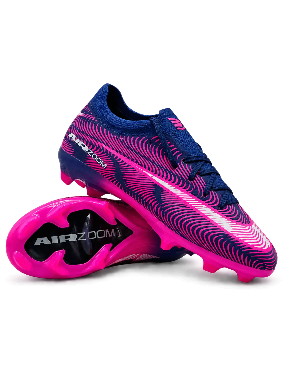 Nike Mercurial-style FG soccer cleats in navy blue and neon pink with wave graphics, a low-cut upper, and a bright pink studded outsole.