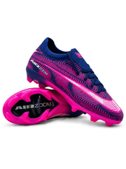 Nike Mercurial-style FG soccer cleats in navy blue and neon pink with wave graphics, a low-cut upper, and a bright pink studded outsole.