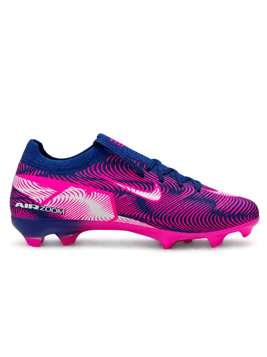 Nike Mercurial-style FG soccer cleats in navy blue and neon pink with wave graphics, a low-cut upper, and a bright pink studded outsole.