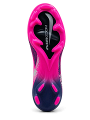 Nike Mercurial-style FG soccer cleats in navy blue and neon pink with wave graphics, a low-cut upper, and a bright pink studded outsole.