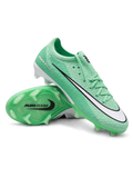 Nike Mercurial FG soccer cleats in mint green with a white Swoosh outlined in black, mint laces, and a translucent green Air Zoom soleplate, shown from the lateral side and outsole.