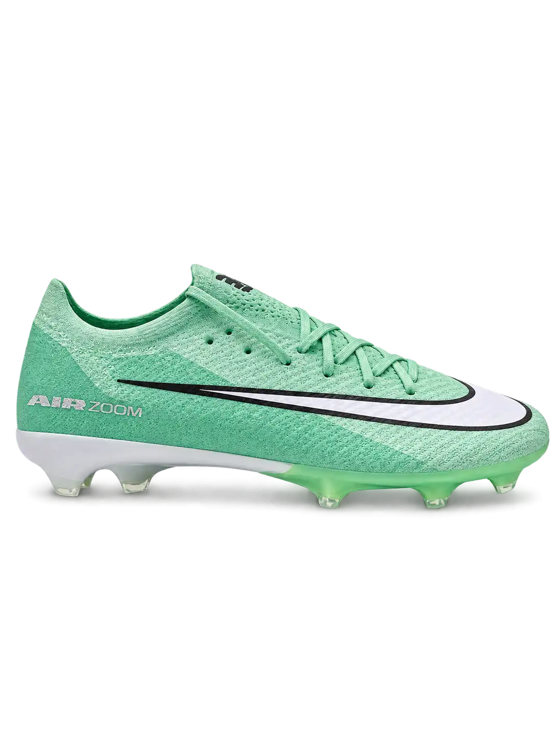 Nike Mercurial FG soccer cleats in mint green with a white Swoosh outlined in black, mint laces, and a translucent green Air Zoom soleplate, shown from the lateral side and outsole.