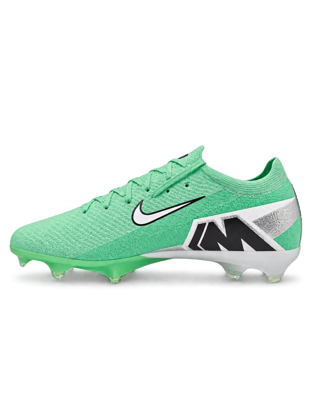 Nike Mercurial FG soccer cleats in mint green with a white Swoosh outlined in black, mint laces, and a translucent green Air Zoom soleplate, shown from the lateral side and outsole.