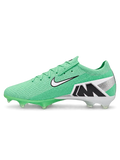 Nike Mercurial FG soccer cleats in mint green with a white Swoosh outlined in black, mint laces, and a translucent green Air Zoom soleplate, shown from the lateral side and outsole.