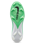 Nike Mercurial FG soccer cleats in mint green with a white Swoosh outlined in black, mint laces, and a translucent green Air Zoom soleplate, shown from the lateral side and outsole.