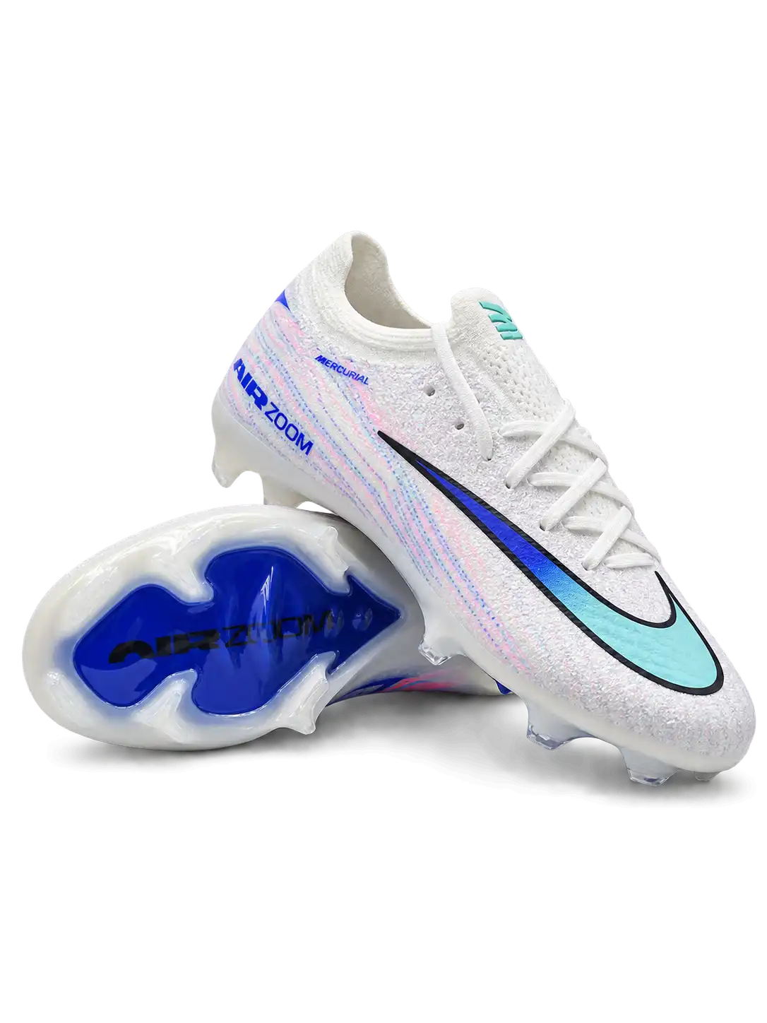 Nike Mercurial Vapor 15 Elite FG soccer cleats in white with pink and blue streak graphics, a blue-to-teal gradient Swoosh, blue Air Zoom heel lettering, and a blue Air Zoom soleplate, shown from the lateral side and outsole.