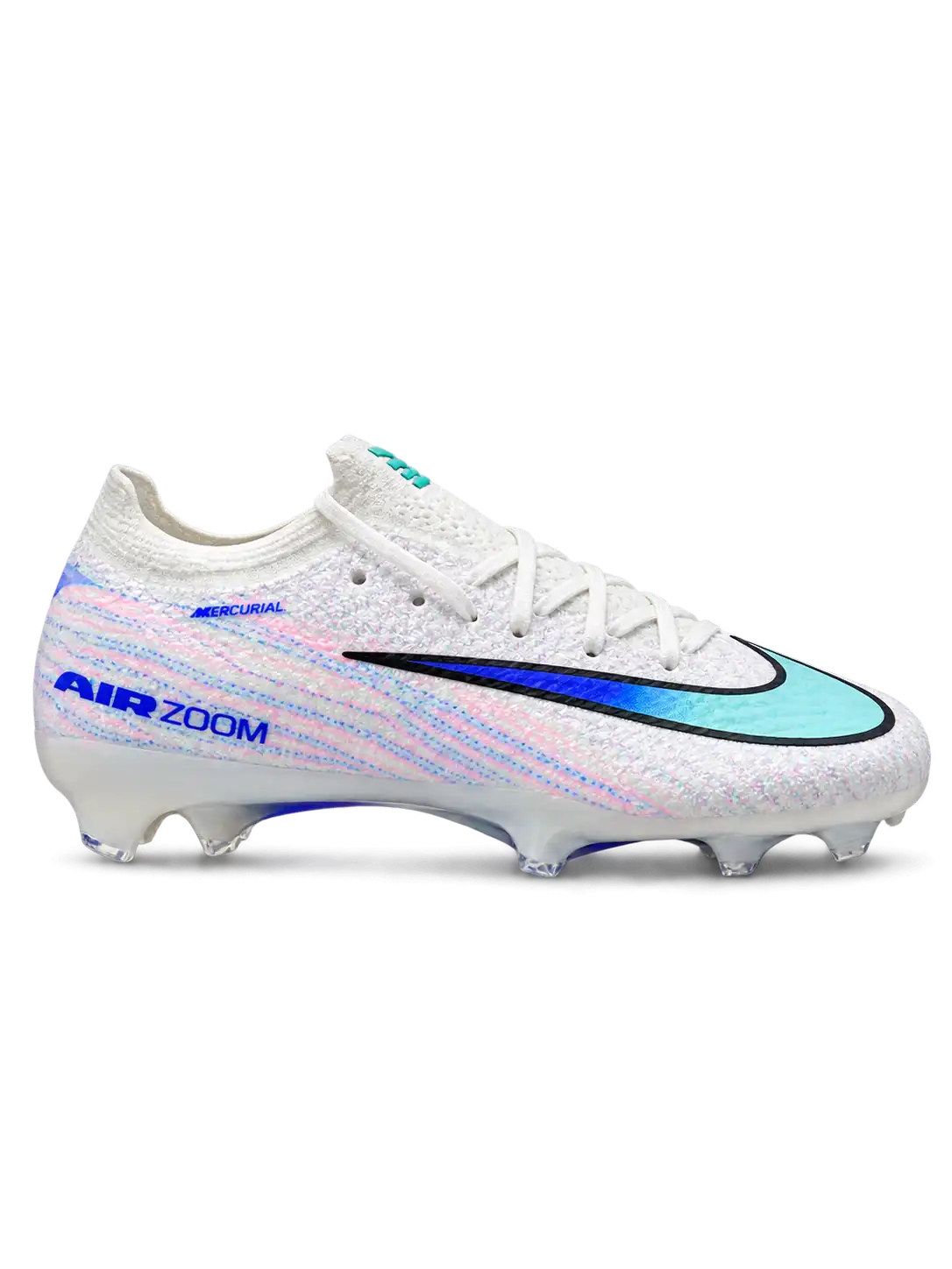 Nike Mercurial Vapor 15 Elite FG soccer cleats in white with pink and blue streak graphics, a blue-to-teal gradient Swoosh, blue Air Zoom heel lettering, and a blue Air Zoom soleplate, shown from the lateral side and outsole.