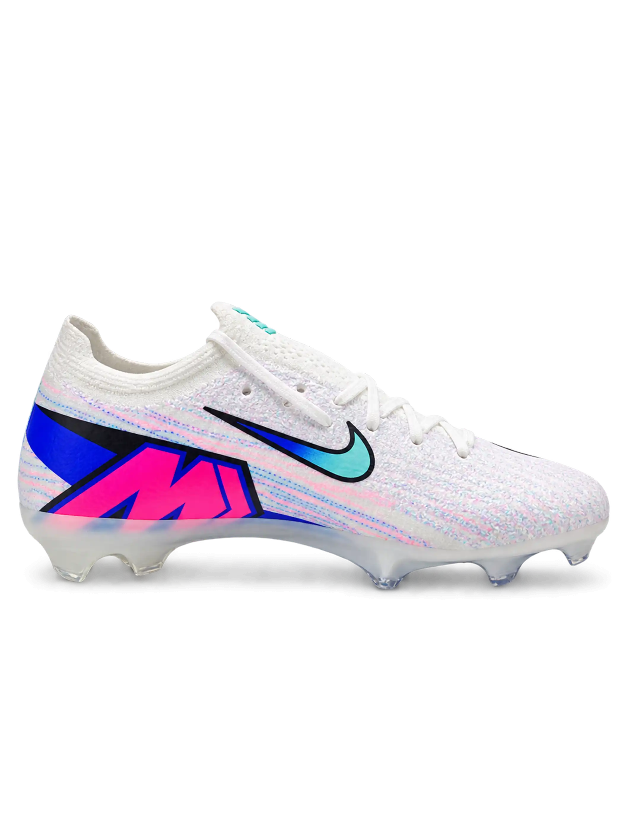 Nike Mercurial Vapor 15 Elite FG soccer cleats in white with pink and blue streak graphics, a blue-to-teal gradient Swoosh, blue Air Zoom heel lettering, and a blue Air Zoom soleplate, shown from the lateral side and outsole.
