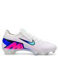 Nike Mercurial Vapor 15 Elite FG soccer cleats in white with pink and blue streak graphics, a blue-to-teal gradient Swoosh, blue Air Zoom heel lettering, and a blue Air Zoom soleplate, shown from the lateral side and outsole.