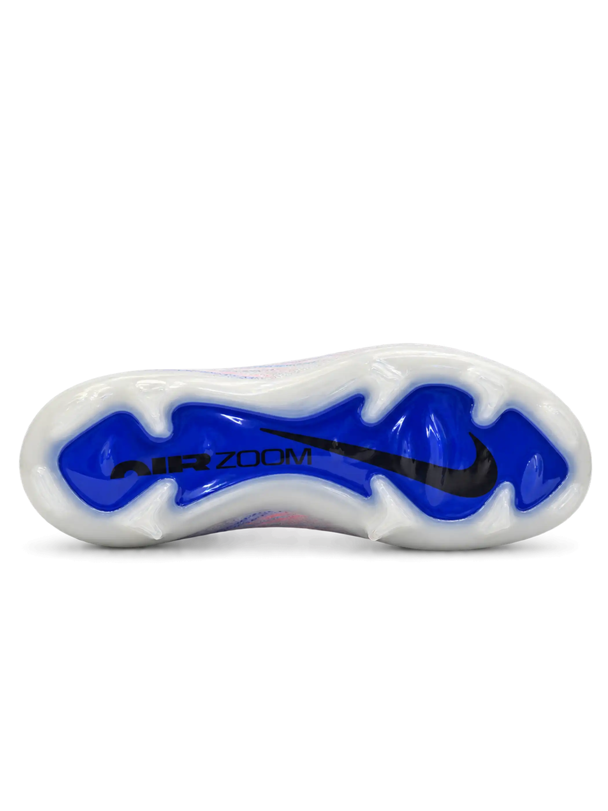 Nike Mercurial Vapor 15 Elite FG soccer cleats in white with pink and blue streak graphics, a blue-to-teal gradient Swoosh, blue Air Zoom heel lettering, and a blue Air Zoom soleplate, shown from the lateral side and outsole.