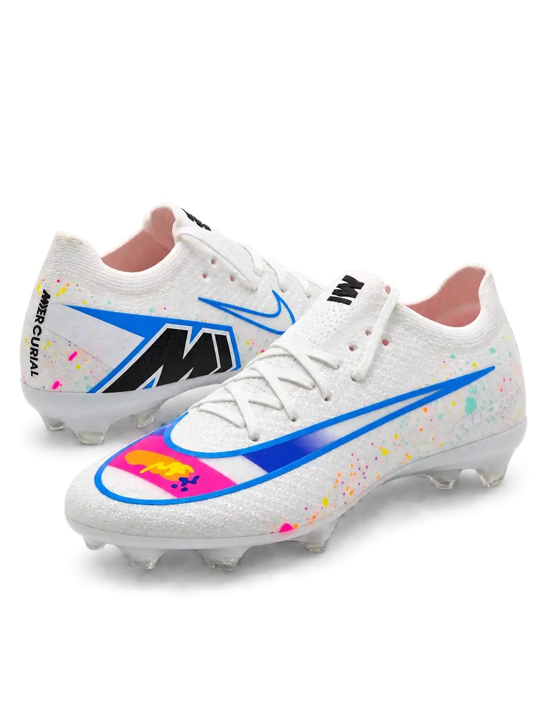 Nike Mercurial FG soccer cleats in white with multicolor confetti speckles, a blue-outlined Swoosh, a pink and orange painted toe graphic, and a black M heel logo, shown as a pair from the side and rear.