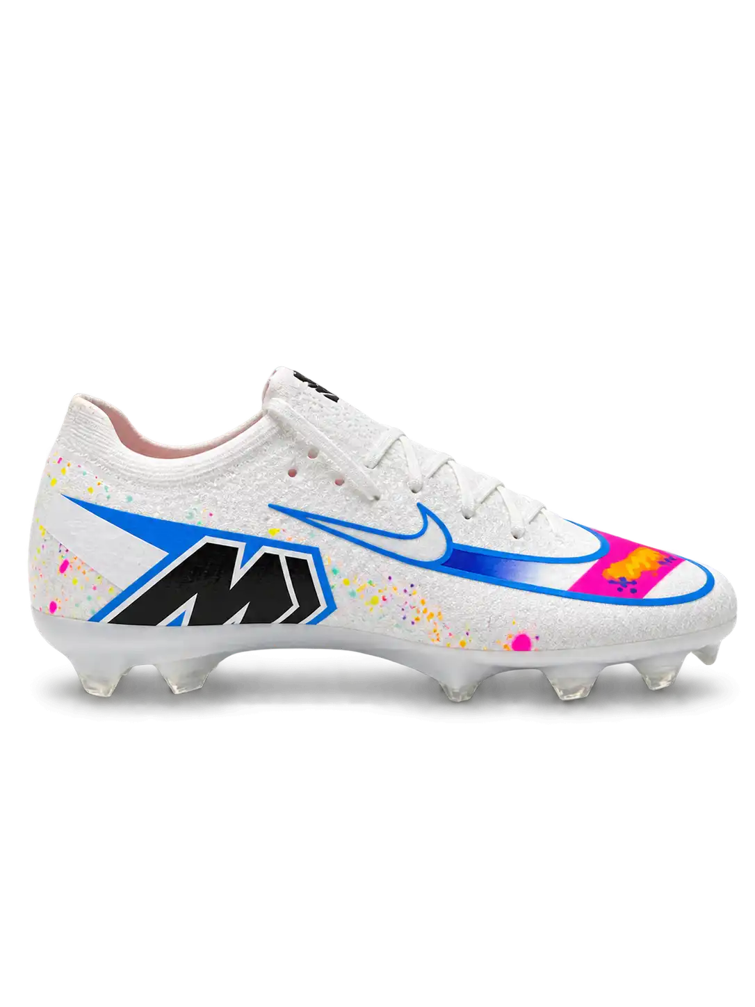 Nike Mercurial FG soccer cleats in white with multicolor confetti speckles, a blue-outlined Swoosh, a pink and orange painted toe graphic, and a black M heel logo, shown as a pair from the side and rear.