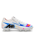 Nike Mercurial FG soccer cleats in white with multicolor confetti speckles, a blue-outlined Swoosh, a pink and orange painted toe graphic, and a black M heel logo, shown as a pair from the side and rear.