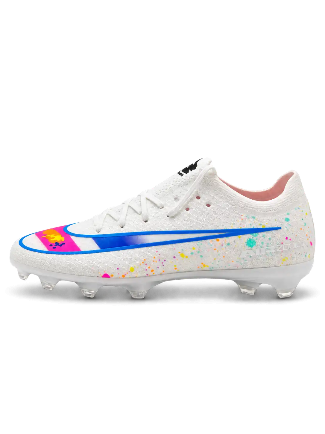 Nike Mercurial FG soccer cleats in white with multicolor confetti speckles, a blue-outlined Swoosh, a pink and orange painted toe graphic, and a black M heel logo, shown as a pair from the side and rear.