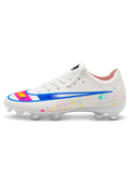 Nike Mercurial FG soccer cleats in white with multicolor confetti speckles, a blue-outlined Swoosh, a pink and orange painted toe graphic, and a black M heel logo, shown as a pair from the side and rear.