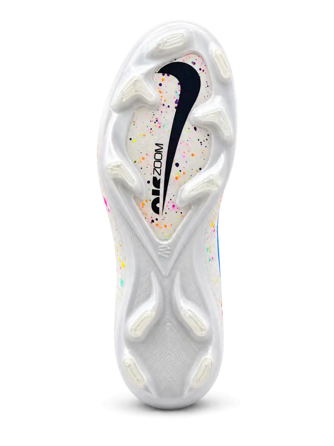 Nike Mercurial FG soccer cleats in white with multicolor confetti speckles, a blue-outlined Swoosh, a pink and orange painted toe graphic, and a black M heel logo, shown as a pair from the side and rear.