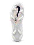 Nike Mercurial FG soccer cleats in white with multicolor confetti speckles, a blue-outlined Swoosh, a pink and orange painted toe graphic, and a black M heel logo, shown as a pair from the side and rear.