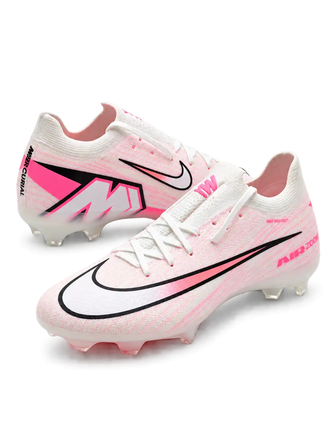 Nike Mercurial FG soccer cleats in white and pink with fine pink streak graphics, a black-outlined Swoosh fading to coral pink, pink Air Zoom heel lettering, and an oversized M heel logo, shown as a pair.