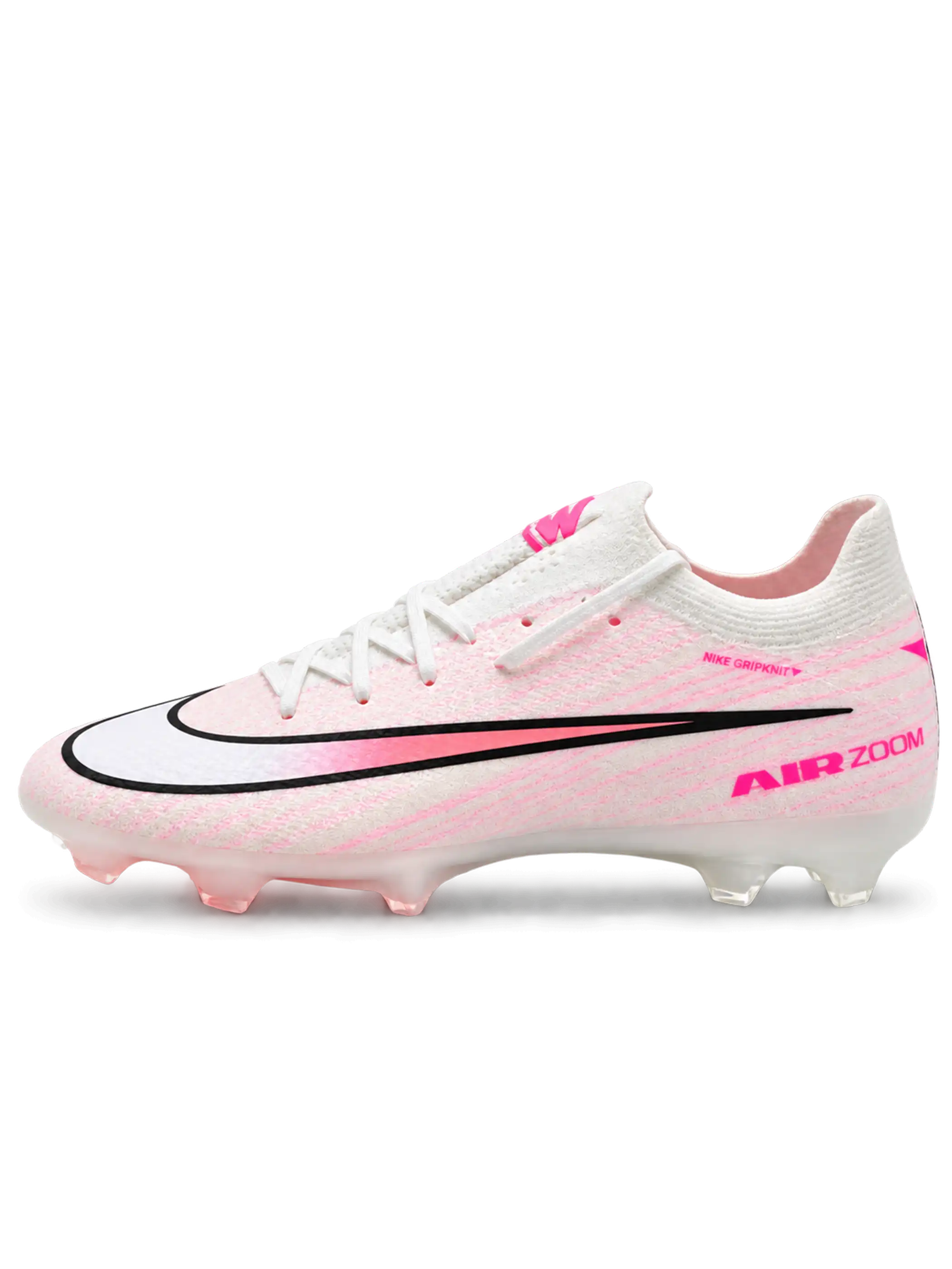 Nike Mercurial FG soccer cleats in white and pink with fine pink streak graphics, a black-outlined Swoosh fading to coral pink, pink Air Zoom heel lettering, and an oversized M heel logo, shown as a pair.