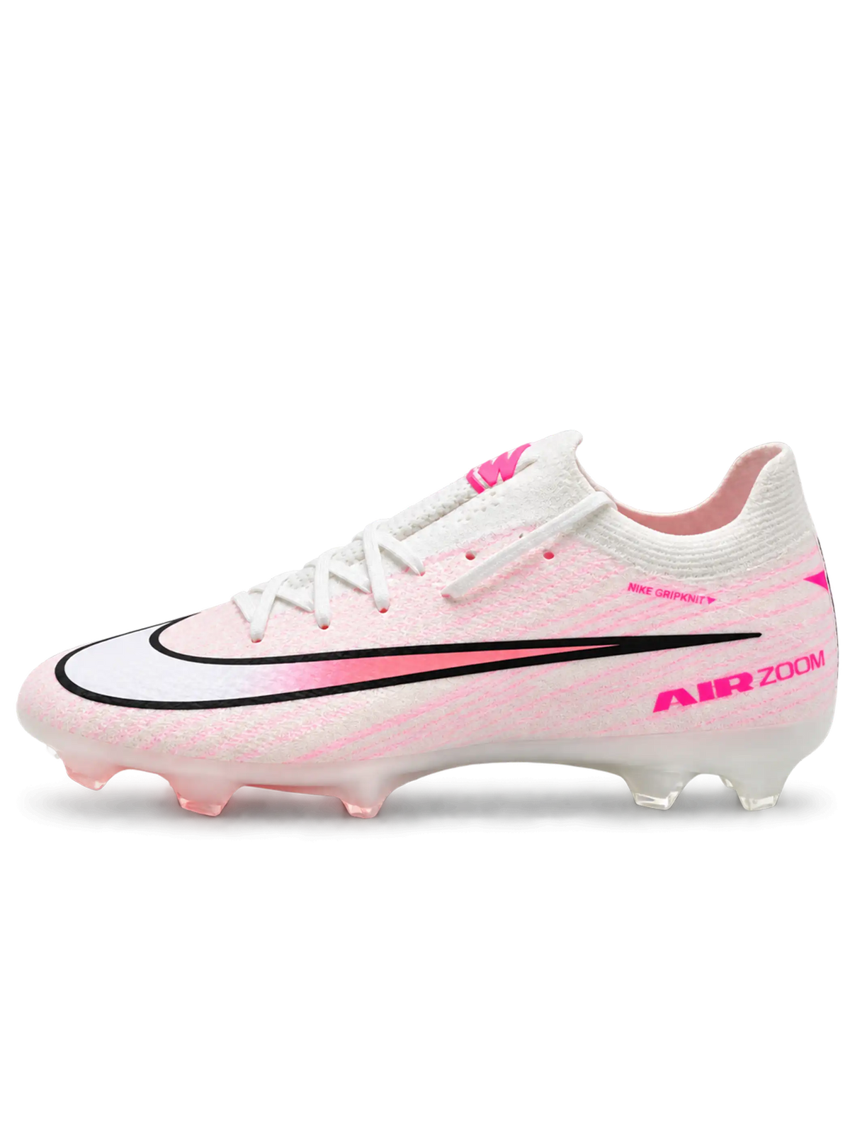 Nike Mercurial FG soccer cleats in white and pink with fine pink streak graphics, a black-outlined Swoosh fading to coral pink, pink Air Zoom heel lettering, and an oversized M heel logo, shown as a pair.