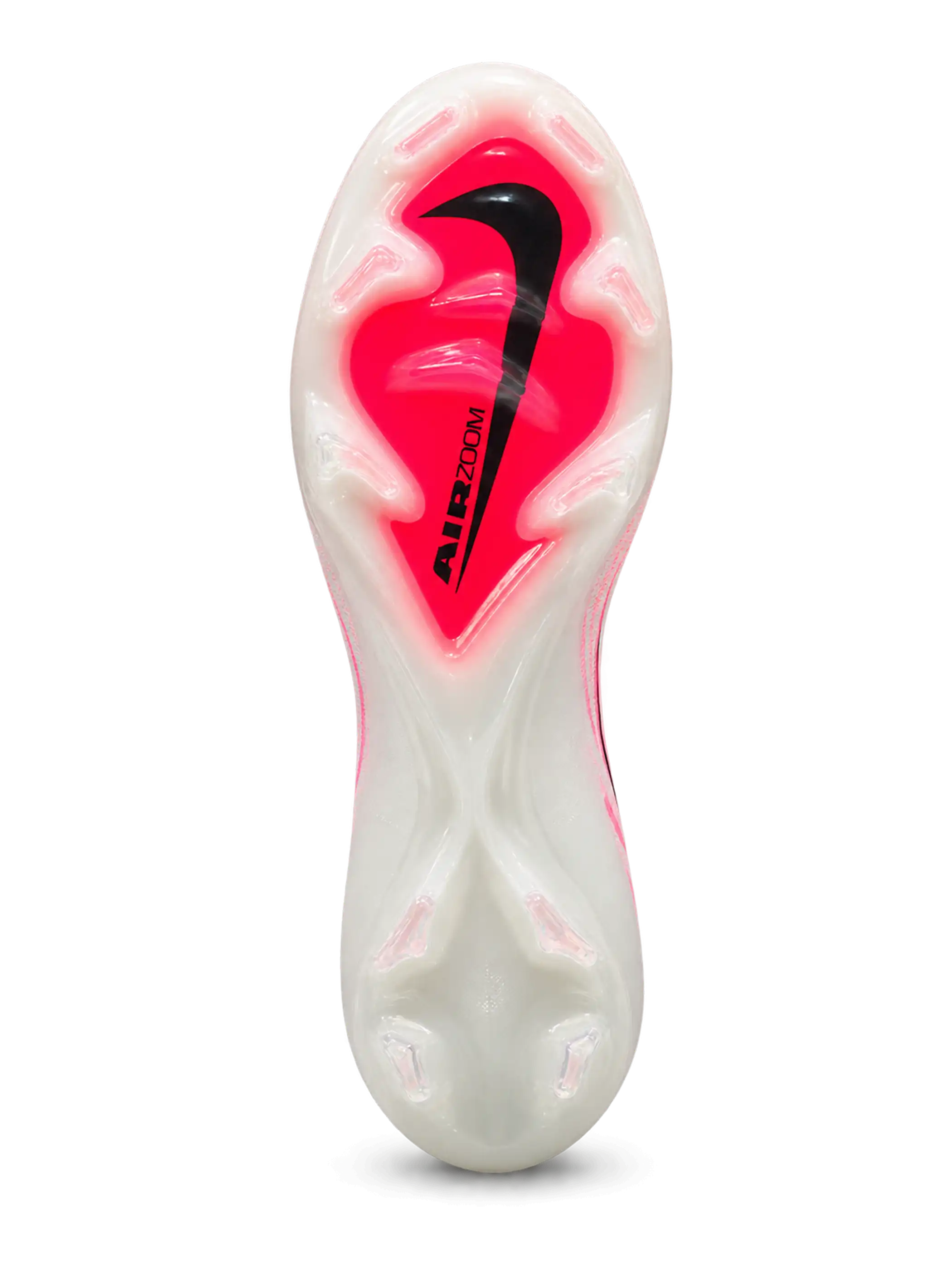Nike Mercurial FG soccer cleats in white and pink with fine pink streak graphics, a black-outlined Swoosh fading to coral pink, pink Air Zoom heel lettering, and an oversized M heel logo, shown as a pair.