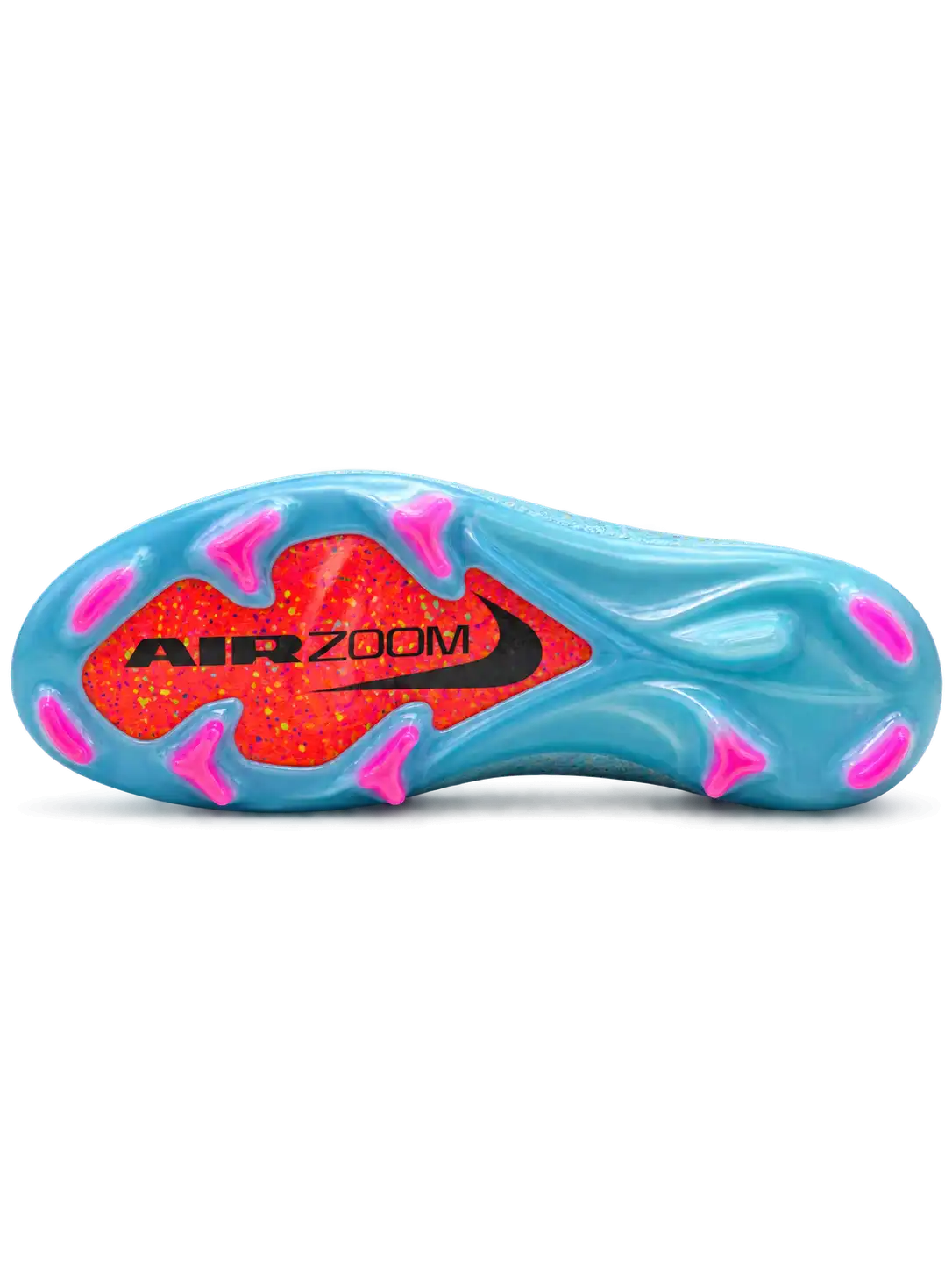 Nike Mercurial FG soccer cleats in light blue with multicolor confetti speckles, a black-outlined silver Swoosh, an orange painted toe graphic, an oversized M heel logo, and pink-tipped studs, shown as a pair.