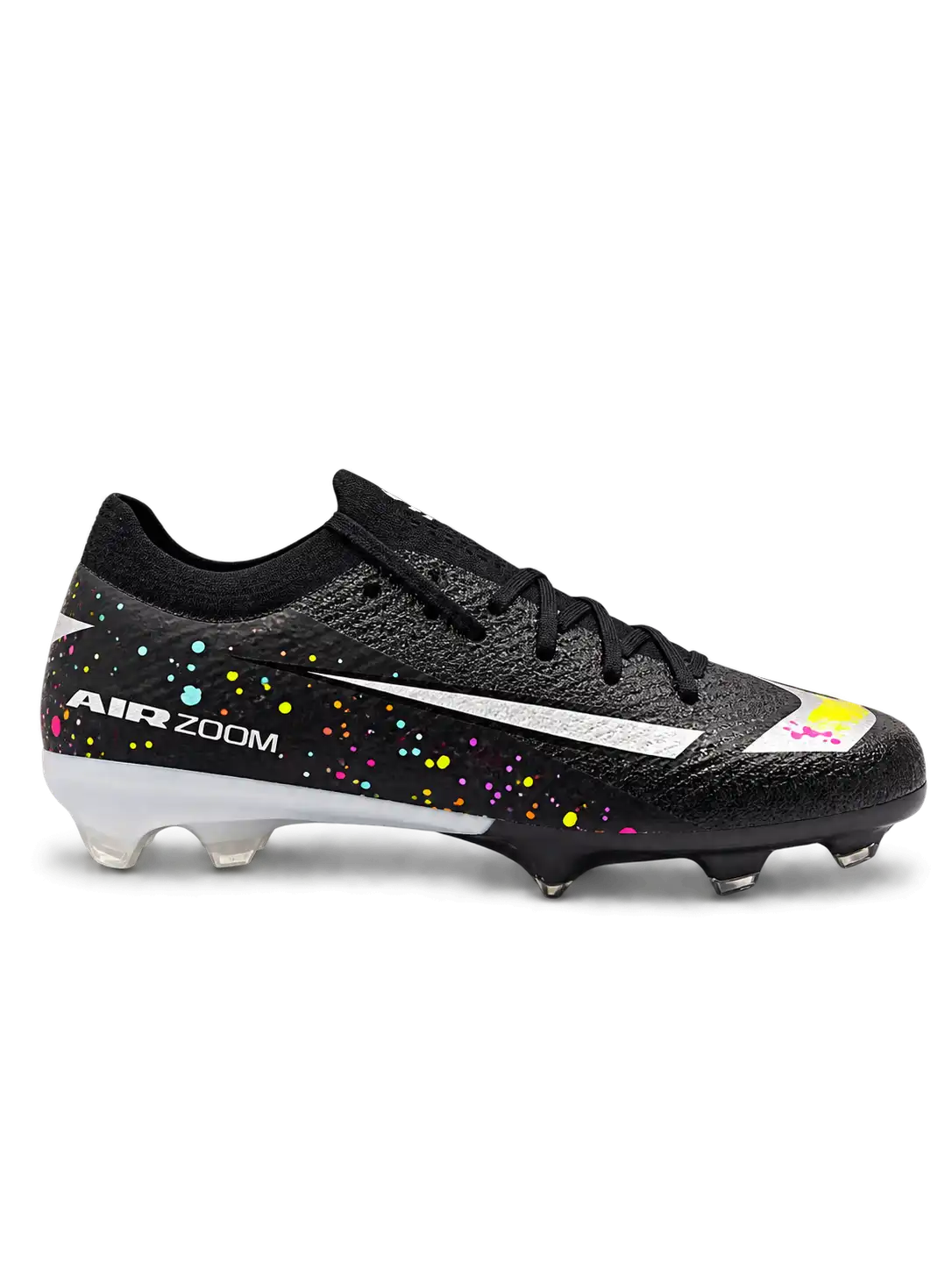 Nike Mercurial FG soccer cleats in black with multicolor confetti speckles, a metallic silver Swoosh, a yellow and pink painted toe graphic, white Air Zoom heel lettering, and an oversized M heel logo, shown as a pair.