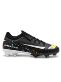 Nike Mercurial FG soccer cleats in black with multicolor confetti speckles, a metallic silver Swoosh, a yellow and pink painted toe graphic, white Air Zoom heel lettering, and an oversized M heel logo, shown as a pair.