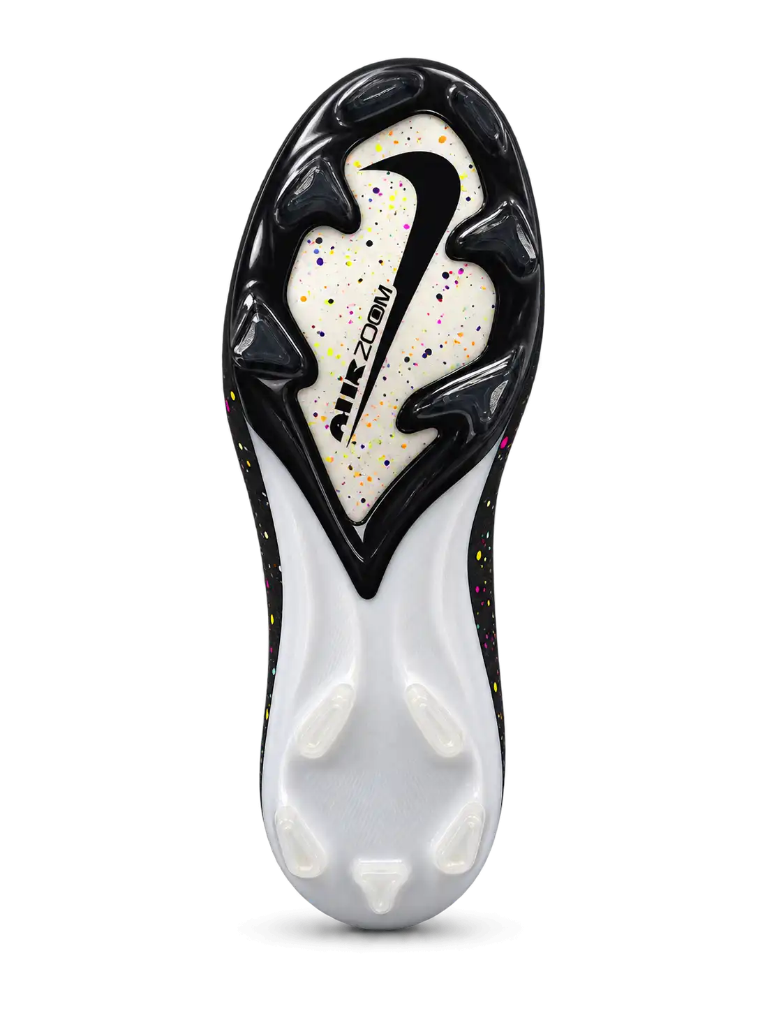 Nike Mercurial FG soccer cleats in black with multicolor confetti speckles, a metallic silver Swoosh, a yellow and pink painted toe graphic, white Air Zoom heel lettering, and an oversized M heel logo, shown as a pair.