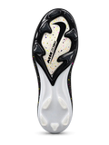 Nike Mercurial FG soccer cleats in black with multicolor confetti speckles, a metallic silver Swoosh, a yellow and pink painted toe graphic, white Air Zoom heel lettering, and an oversized M heel logo, shown as a pair.