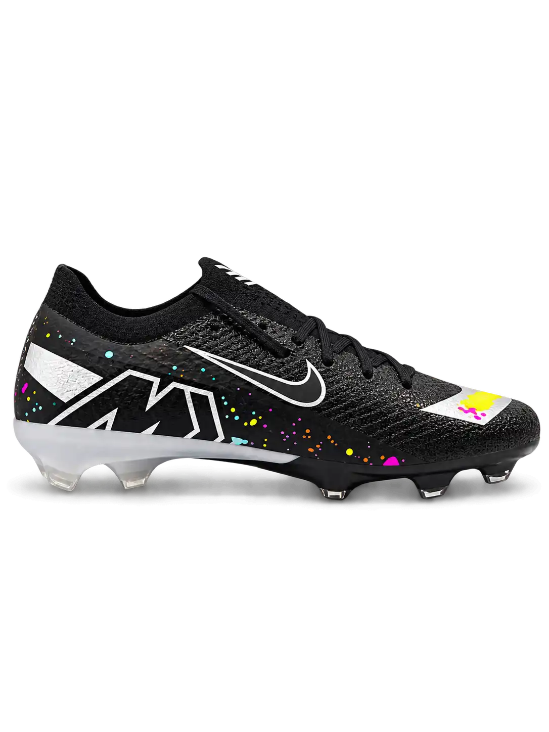 Nike Mercurial FG soccer cleats in black with multicolor confetti speckles, a metallic silver Swoosh, a yellow and pink painted toe graphic, white Air Zoom heel lettering, and an oversized M heel logo, shown as a pair.