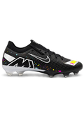 Nike Mercurial FG soccer cleats in black with multicolor confetti speckles, a metallic silver Swoosh, a yellow and pink painted toe graphic, white Air Zoom heel lettering, and an oversized M heel logo, shown as a pair.