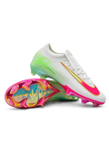Nike Mercurial FG soccer cleats in white with a lime green heel fade, a gold-outlined Swoosh fading from green to pink, and an iridescent pink and gold FG soleplate, shown from the lateral side and outsole.