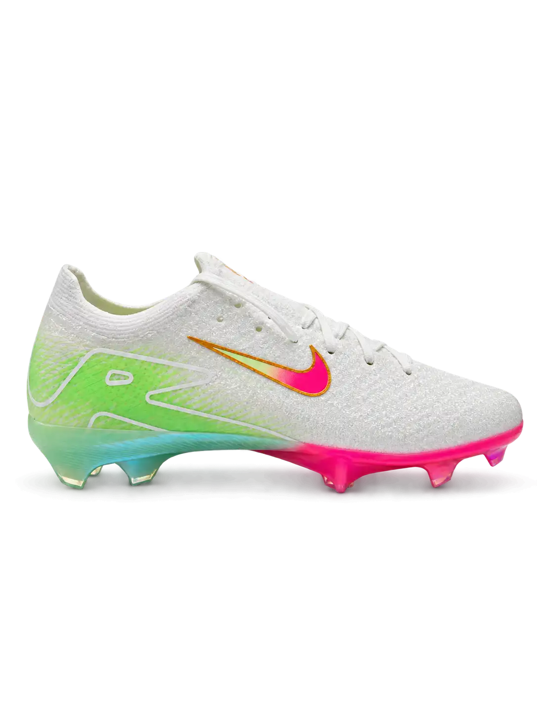Nike Mercurial FG soccer cleats in white with a lime green heel fade, a gold-outlined Swoosh fading from green to pink, and an iridescent pink and gold FG soleplate, shown from the lateral side and outsole.