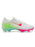 Nike Mercurial FG soccer cleats in white with a lime green heel fade, a gold-outlined Swoosh fading from green to pink, and an iridescent pink and gold FG soleplate, shown from the lateral side and outsole.
