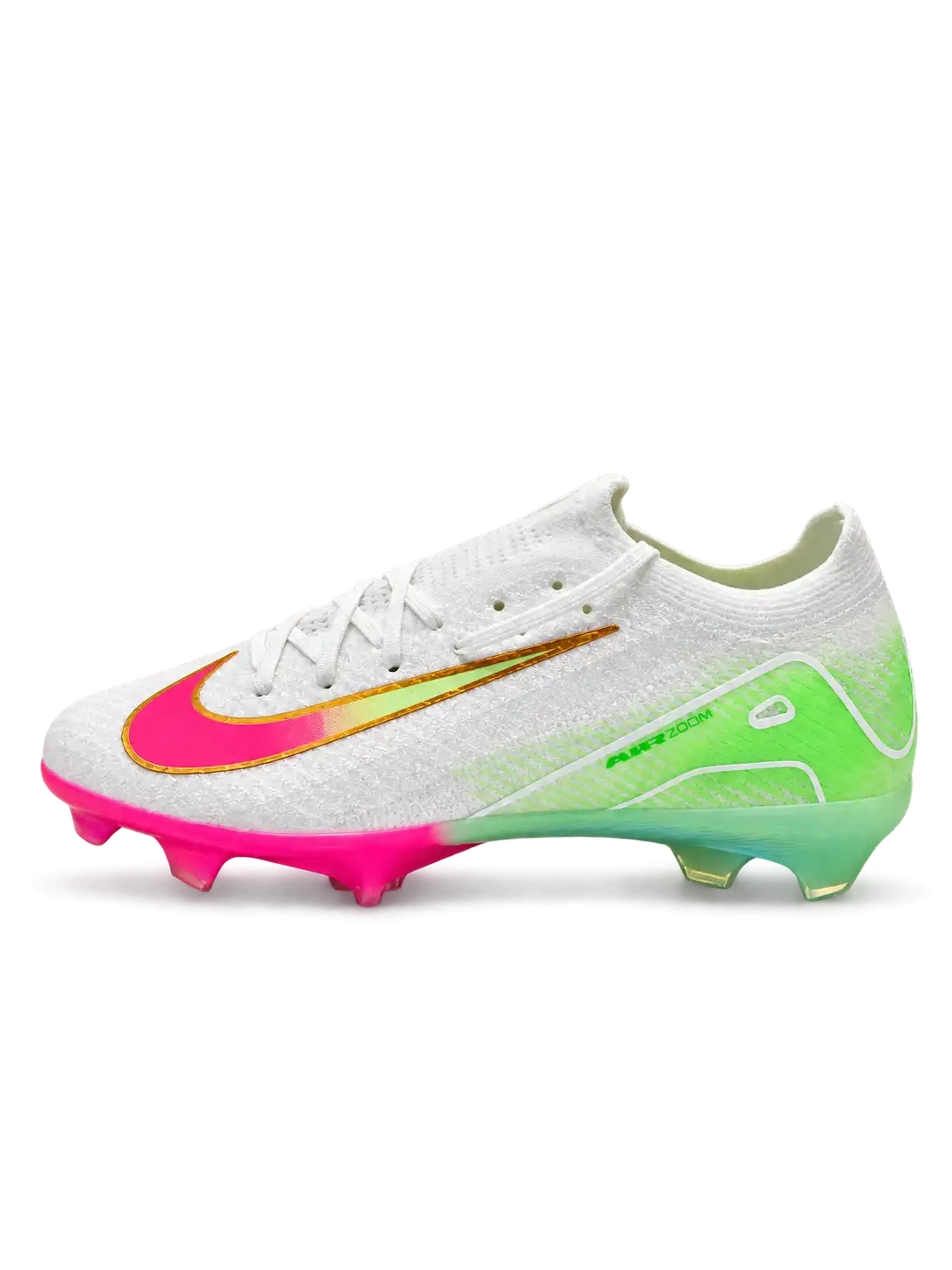 Nike Mercurial FG soccer cleats in white with a lime green heel fade, a gold-outlined Swoosh fading from green to pink, and an iridescent pink and gold FG soleplate, shown from the lateral side and outsole.
