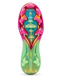 Nike Mercurial FG soccer cleats in white with a lime green heel fade, a gold-outlined Swoosh fading from green to pink, and an iridescent pink and gold FG soleplate, shown from the lateral side and outsole.