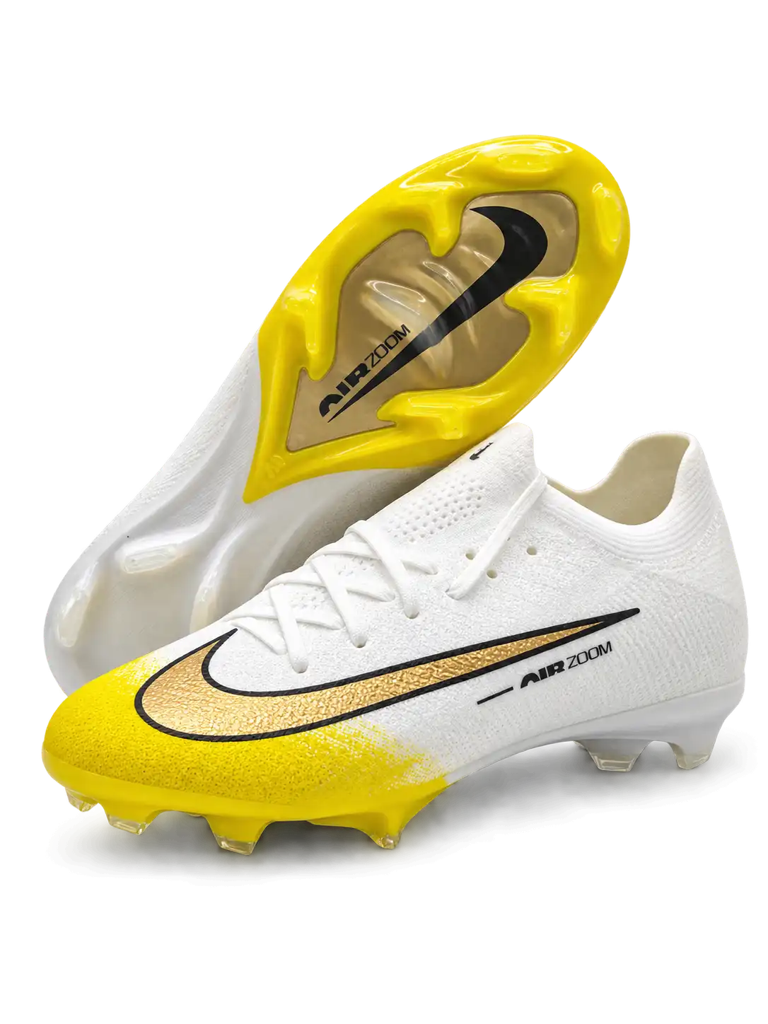 Nike Mercurial FG soccer cleats in white with a yellow toe fade, a black-outlined metallic gold Swoosh, and Air Zoom side lettering, plus a yellow soleplate with a gold Air Zoom window, shown from the lateral side and outsole.