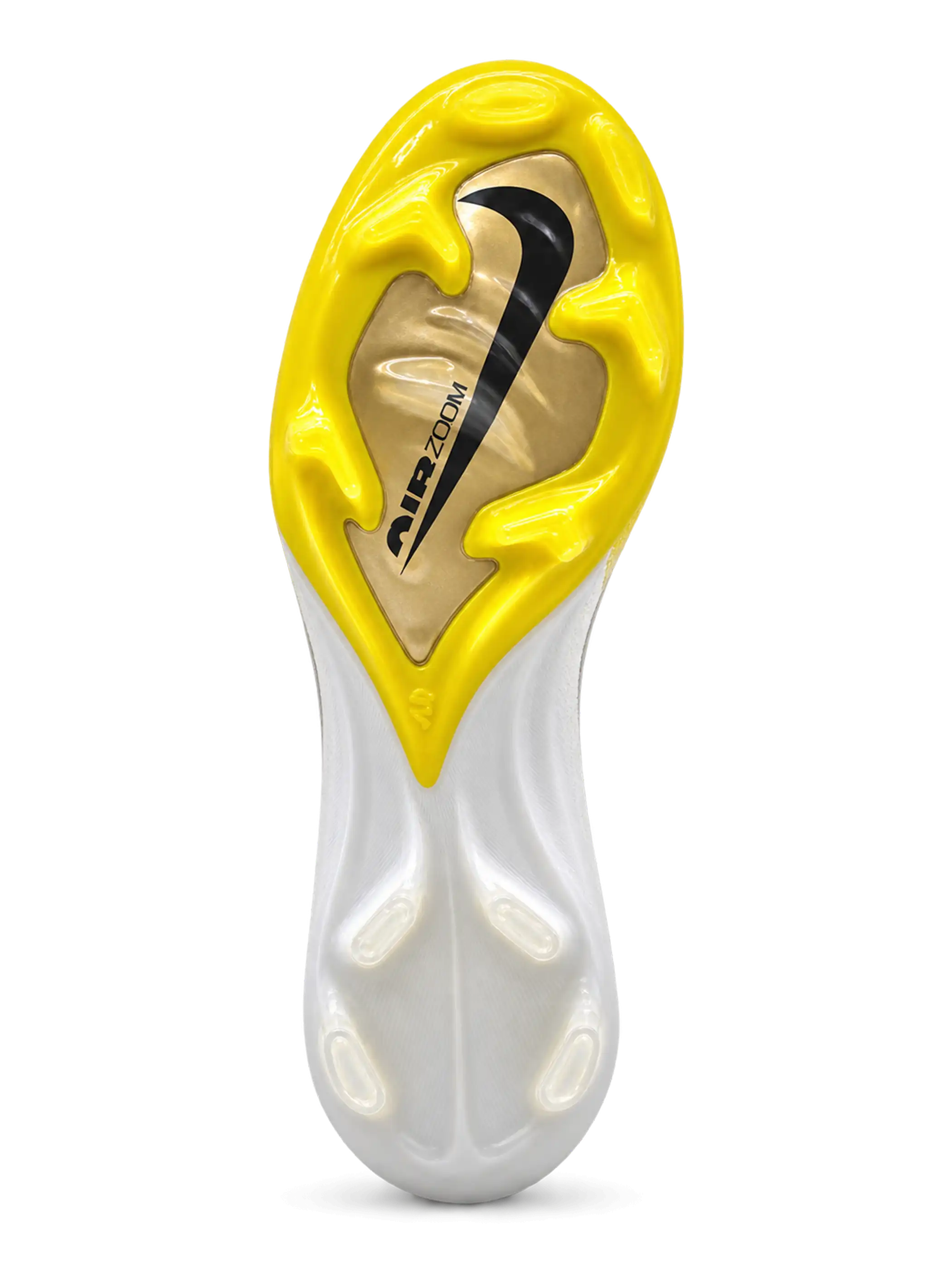 Nike Mercurial FG soccer cleats in white with a yellow toe fade, a black-outlined metallic gold Swoosh, and Air Zoom side lettering, plus a yellow soleplate with a gold Air Zoom window, shown from the lateral side and outsole.
