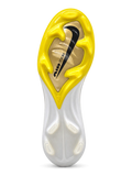 Nike Mercurial FG soccer cleats in white with a yellow toe fade, a black-outlined metallic gold Swoosh, and Air Zoom side lettering, plus a yellow soleplate with a gold Air Zoom window, shown from the lateral side and outsole.
