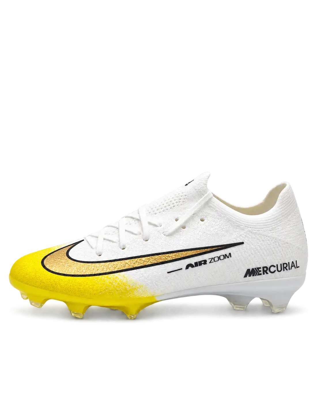 Nike Mercurial FG soccer cleats in white with a yellow toe fade, a black-outlined metallic gold Swoosh, and Air Zoom side lettering, plus a yellow soleplate with a gold Air Zoom window, shown from the lateral side and outsole.