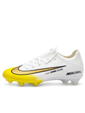 Nike Mercurial FG soccer cleats in white with a yellow toe fade, a black-outlined metallic gold Swoosh, and Air Zoom side lettering, plus a yellow soleplate with a gold Air Zoom window, shown from the lateral side and outsole.
