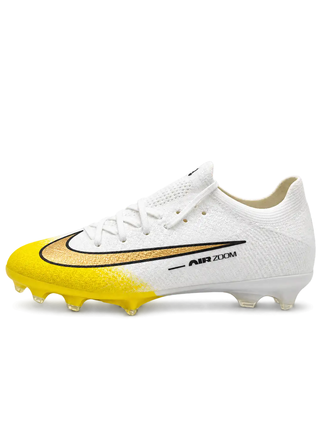 Nike Mercurial FG soccer cleats in white with a yellow toe fade, a black-outlined metallic gold Swoosh, and Air Zoom side lettering, plus a yellow soleplate with a gold Air Zoom window, shown from the lateral side and outsole.