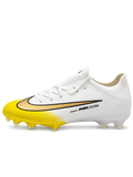 Nike Mercurial FG soccer cleats in white with a yellow toe fade, a black-outlined metallic gold Swoosh, and Air Zoom side lettering, plus a yellow soleplate with a gold Air Zoom window, shown from the lateral side and outsole.
